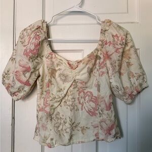 H&M Cream and Pink Floral Linen Crop Top